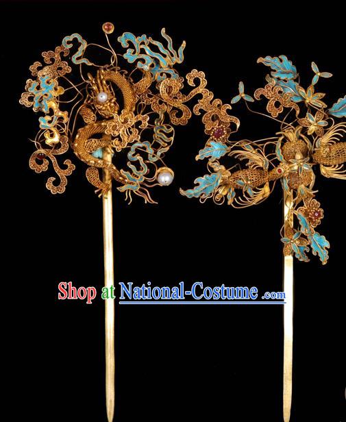 China Ancient Palace Lady Hair Accessories Qing Dynasty Empress Hair Stick Traditional Handmade Filigree Dragon Hairpin