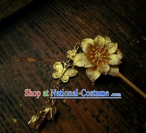 China Ancient Ming Dynasty Empress Lotus Hairpin Traditional Hair Accessories Handmade Golden Butterfly Tassel Hair Stick