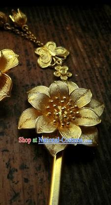 China Ancient Ming Dynasty Empress Lotus Hairpin Traditional Hair Accessories Handmade Golden Butterfly Tassel Hair Stick