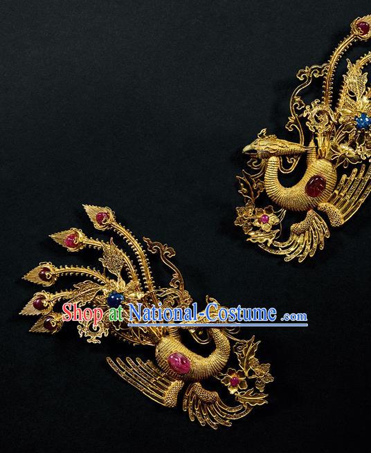 China Ancient Queen Ruby Hair Accessories Handmade Filigree Phoenix Hairpin Traditional Qing Dynasty Empress Hair Stick