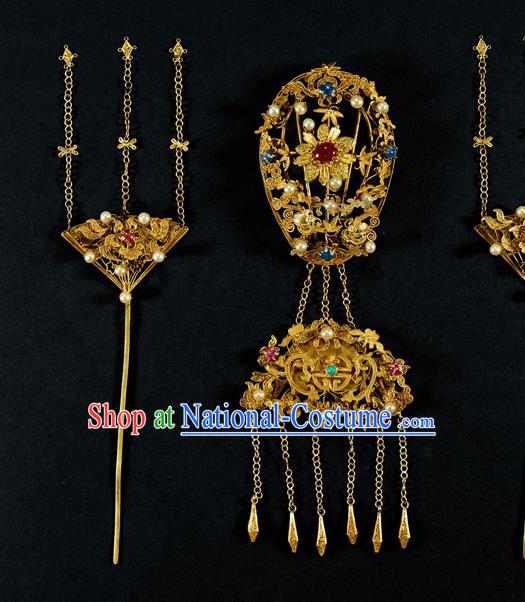 China Handmade Filigree Hairpin Traditional Qing Dynasty Empress Hair Crown Ancient Queen Hair Accessories Full Set