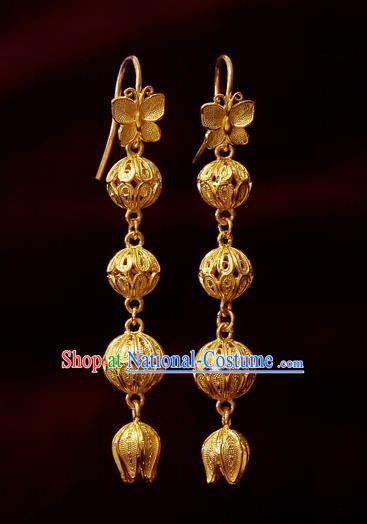 Chinese National Wedding Ear Accessories Traditional Cheongsam Golden Butterfly Earrings Jewelry