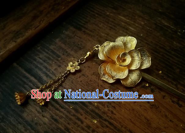 China Traditional Hair Accessories Handmade Golden Tassel Hair Stick Ancient Ming Dynasty Empress Camellia Hairpin