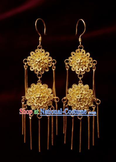 Chinese National Wedding Golden Flowers Earrings Jewelry Ancient Qing Dynasty Imperial Consort Ear Accessories