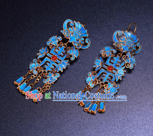 Chinese Classical Blueing Bat Earrings Wedding Jewelry Ancient Qing Dynasty Empress Ear Accessories