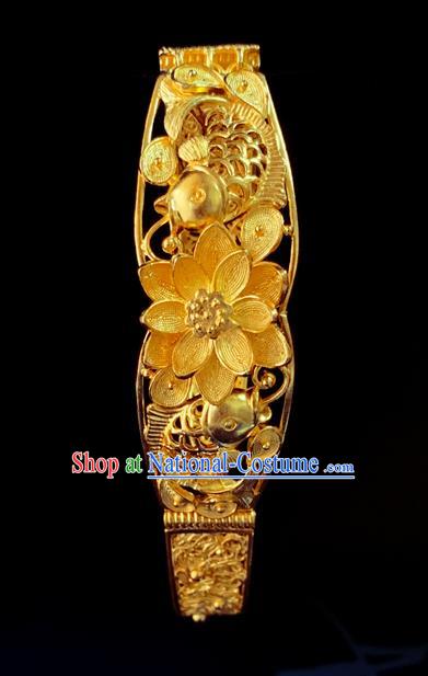 Handmade Chinese Traditional Wedding Golden Lotus Bangle Jewelry Silver Bracelet Accessories