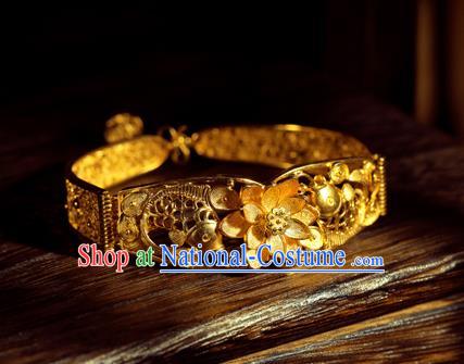 Handmade Chinese Traditional Wedding Golden Lotus Bangle Jewelry Silver Bracelet Accessories