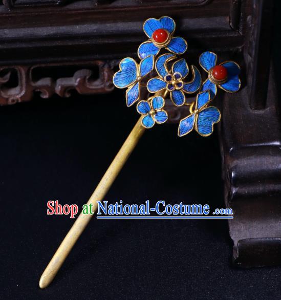 China Ancient Qing Dynasty Empress Hairpin Traditional Handmade Enamel Blue Hair Stick