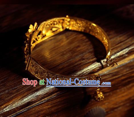 Handmade Chinese Traditional Wedding Golden Lotus Bangle Jewelry Silver Bracelet Accessories