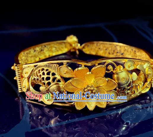 Handmade Chinese Traditional Wedding Golden Lotus Bangle Jewelry Silver Bracelet Accessories