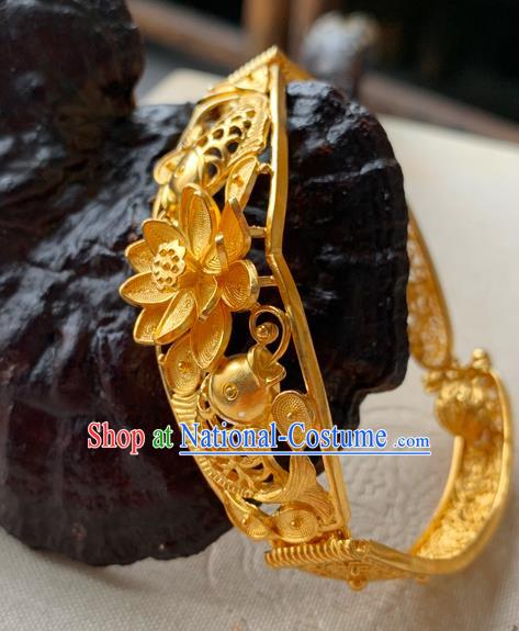 Handmade Chinese Traditional Wedding Golden Lotus Bangle Jewelry Silver Bracelet Accessories