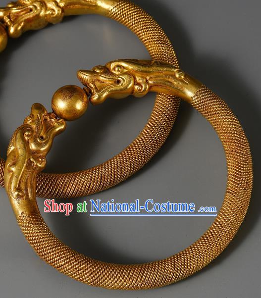 Handmade Chinese Traditional Wedding Filigree Bangle Jewelry Golden Dragon Bracelet Accessories