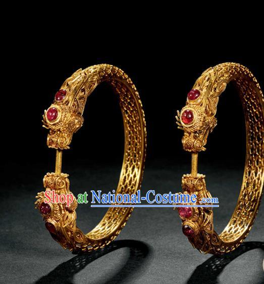 Handmade Chinese Golden Dragon Bracelet Accessories Traditional Wedding Ruby Bangle Jewelry