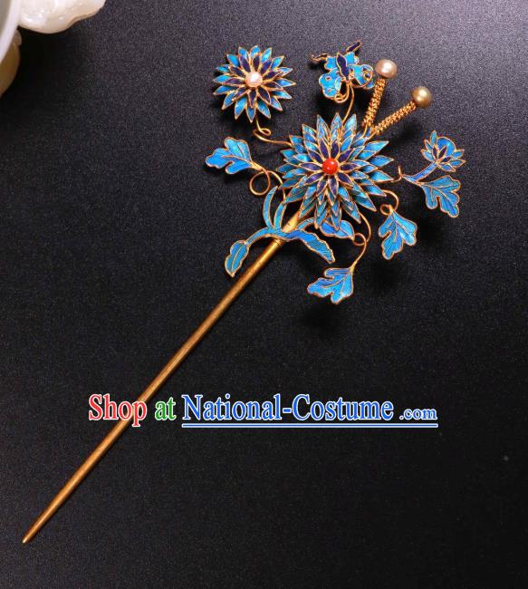 China Traditional Handmade Pearls Hair Stick Ancient Qing Dynasty Empress Blueing Chrysanthemum Hairpin