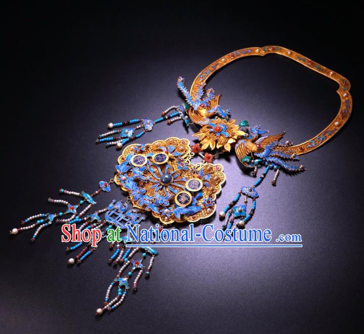 China Traditional Filigree Necklace Accessories Ancient Qing Dynasty Empress Cloisonne Phoenix Pearls Necklet Pendant