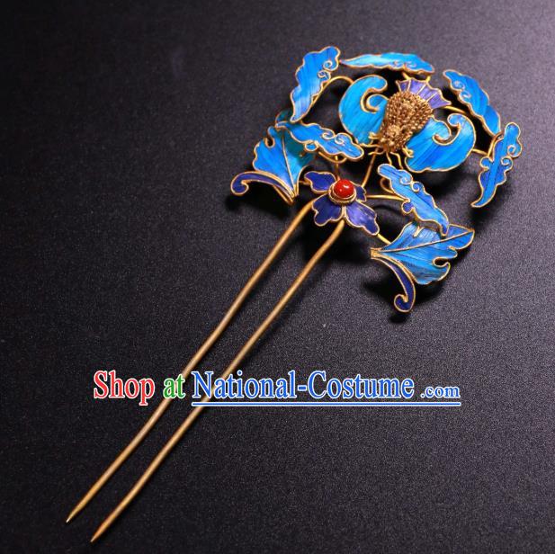 China Ancient Qing Dynasty Empress Blueing Bat Hairpin Traditional Handmade Coral Hair Stick