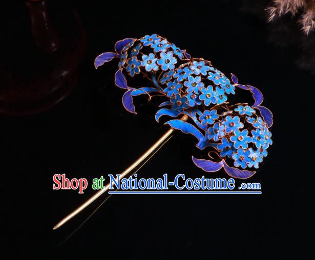 China Ancient Imperial Consort Pearls Hair Stick Handmade Qing Dynasty Court Blueing Hydrangea Hairpin