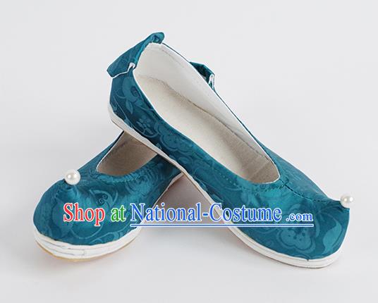 Handmade Chinese Hanfu Shoes Ancient Ming Dynasty Princess Shoes Traditional Blue Silk Bow Shoes