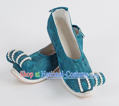 Handmade Chinese Ancient Han Dynasty Princess Shoes Traditional Blue Silk Shoes Hanfu Pearls Shoes