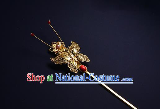 China Traditional Hair Jewelry Ming Dynasty Filigree Butterfly Hairpin Ancient Empress Golden Hair Stick