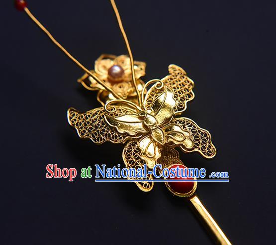 China Traditional Hair Jewelry Ming Dynasty Filigree Butterfly Hairpin Ancient Empress Golden Hair Stick