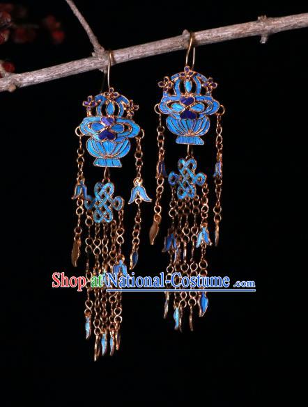 Chinese Qing Dynasty Imperial Consort Tassel Ear Accessories Classical Blueing Basket Earrings Ancient Court Jewelry