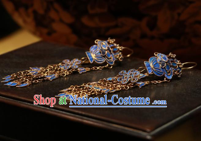 Chinese Qing Dynasty Imperial Consort Tassel Ear Accessories Classical Blueing Basket Earrings Ancient Court Jewelry