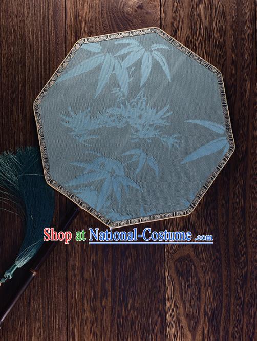 Handmade Chinese Bamboo Pattern Blue Silk Fan Ancient Song Dynasty Princess Palace Fan Traditional Hanfu Fan