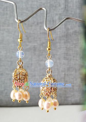 Chinese Classical Tang Dynasty Palace Lady Ear Accessories Ancient Princess Pearls Golden Earrings