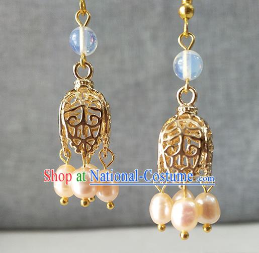 Chinese Classical Tang Dynasty Palace Lady Ear Accessories Ancient Princess Pearls Golden Earrings