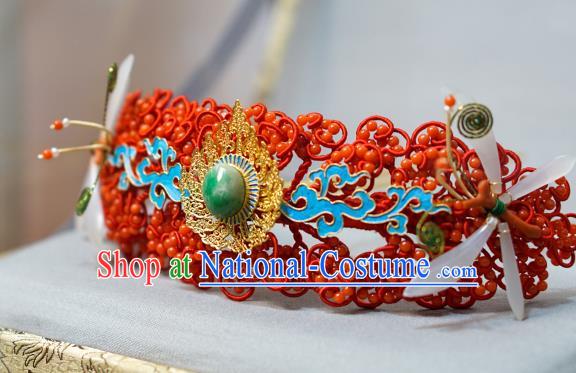 China Traditional Wedding Hair Jewelry Ming Dynasty Hairpin Ancient Empress Jade Red Hair Crown