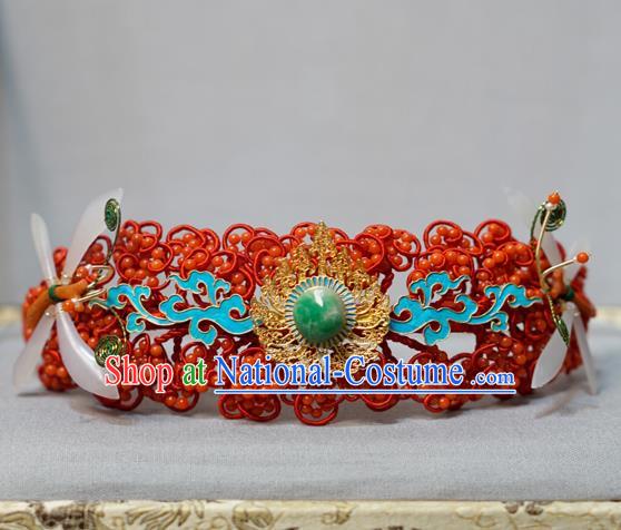 China Traditional Wedding Hair Jewelry Ming Dynasty Hairpin Ancient Empress Jade Red Hair Crown