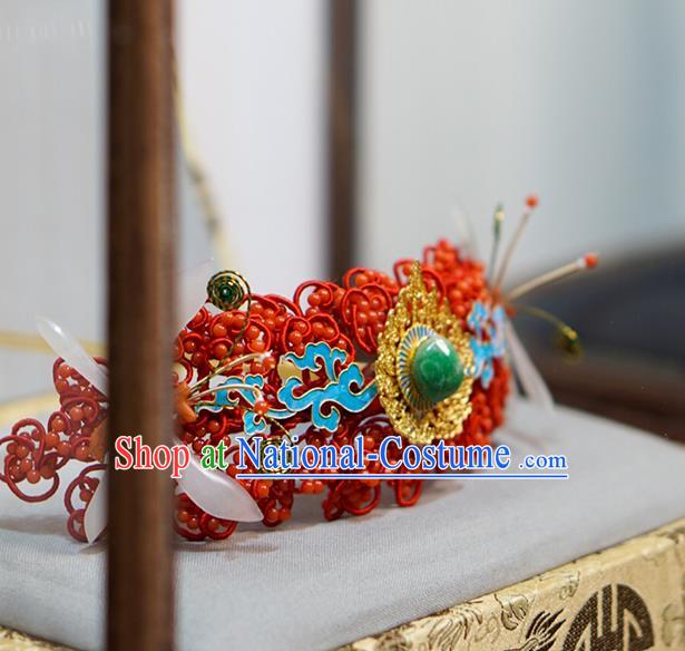 China Traditional Wedding Hair Jewelry Ming Dynasty Hairpin Ancient Empress Jade Red Hair Crown