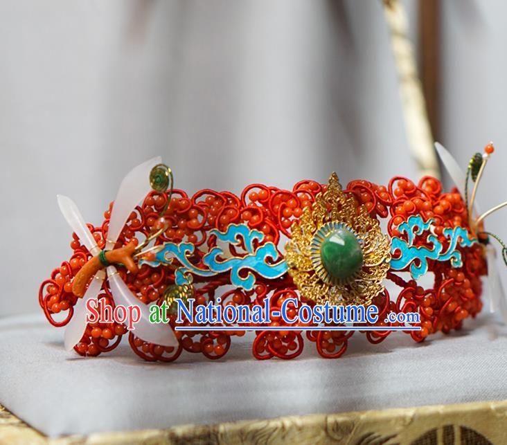 China Traditional Wedding Hair Jewelry Ming Dynasty Hairpin Ancient Empress Jade Red Hair Crown