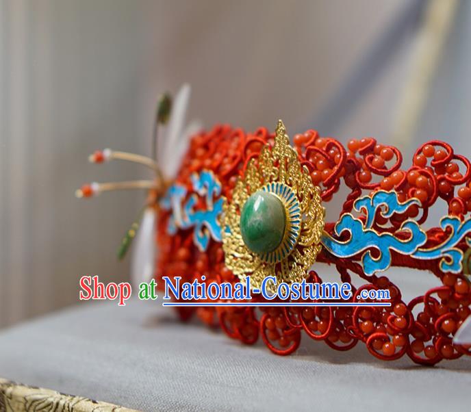 China Traditional Wedding Hair Jewelry Ming Dynasty Hairpin Ancient Empress Jade Red Hair Crown