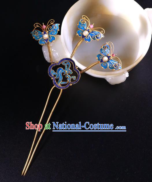 China Traditional Handmade Blueing Butterfly Hair Stick Ancient Qing Dynasty Court Empress Pearls Hairpin