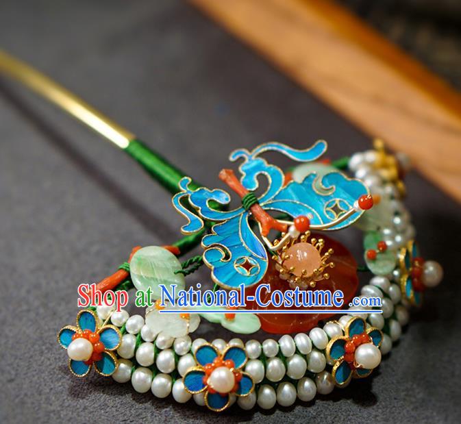 China Ancient Empress Agate Hair Stick Traditional Court Hair Jewelry Qing Dynasty Palace Lady Pearls Hairpin