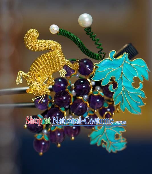 China Qing Dynasty Grape Hairpin Traditional Court Hair Jewelry Ancient Empress Amethyst Hair Stick