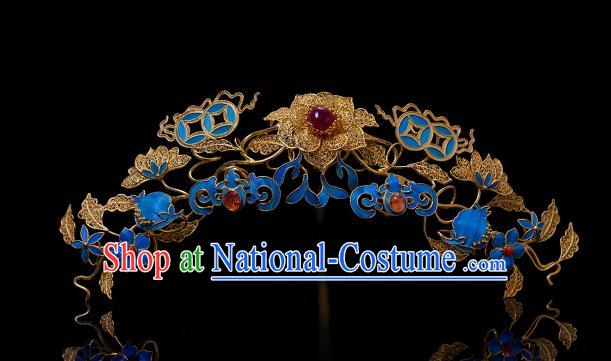 China Traditional Court Filigree Peony Hair Jewelry Qing Dynasty Hair Accessories Ancient Empress Blueing Hair Crown