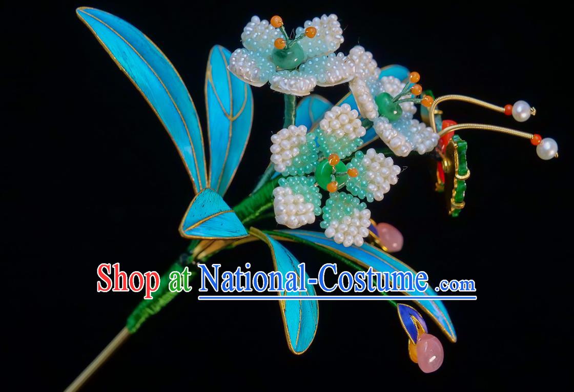 China Traditional Court Jade Hair Jewelry Qing Dynasty Daffodil Hair Stick Ancient Empress Pearls Hairpin