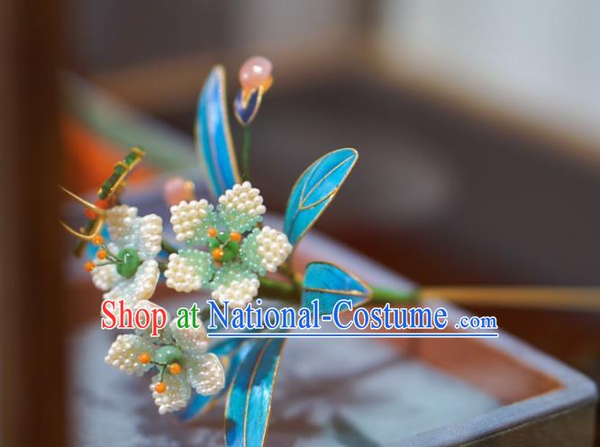 China Traditional Court Jade Hair Jewelry Qing Dynasty Daffodil Hair Stick Ancient Empress Pearls Hairpin