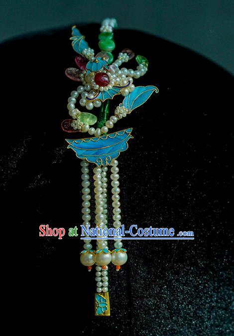 China Ancient Empress Hairpin Traditional Court Jade Hair Jewelry Qing Dynasty Pearls Tassel Hair Clasp