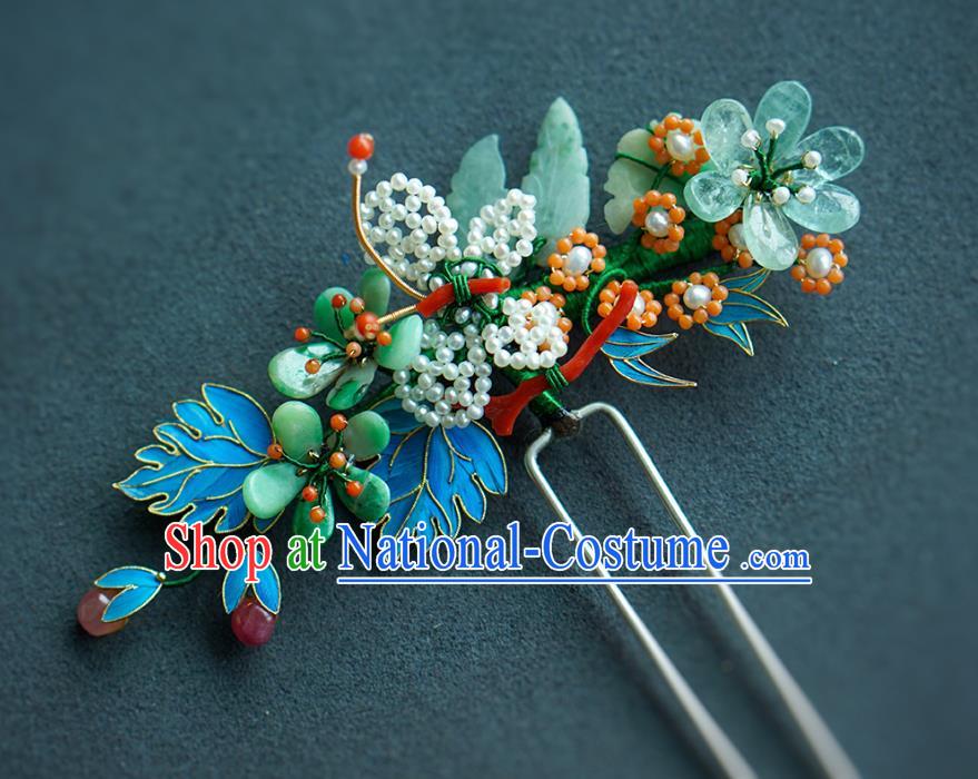 China Ancient Empress Jadeite Plum Blossom Hairpin Traditional Court Hair Jewelry Qing Dynasty Pearls Hair Stick