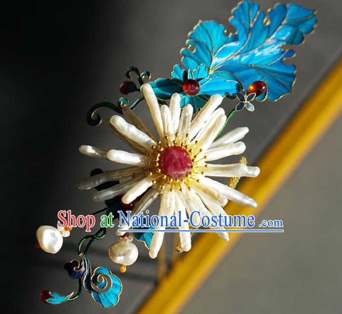 China Ancient Empress Blueing Hairpin Traditional Court Ruby Hair Jewelry Qing Dynasty Pearls Chrysanthemum Hair Stick