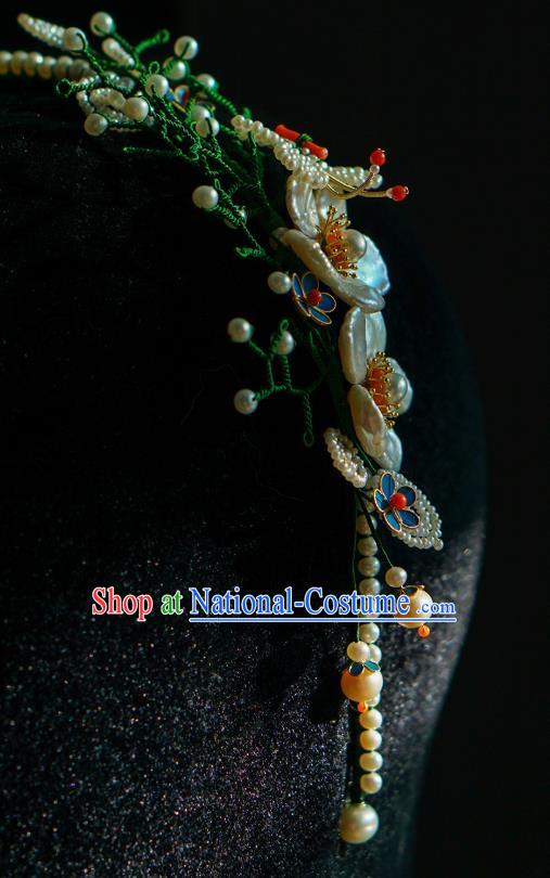 China Qing Dynasty Pearls Hair Stick Traditional Court Hair Jewelry Ancient Empress Shell Plum Hair Clasp