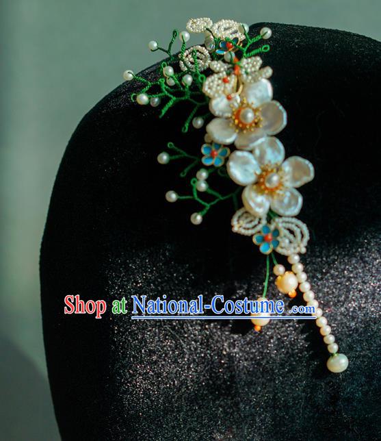 China Qing Dynasty Pearls Hair Stick Traditional Court Hair Jewelry Ancient Empress Shell Plum Hair Clasp