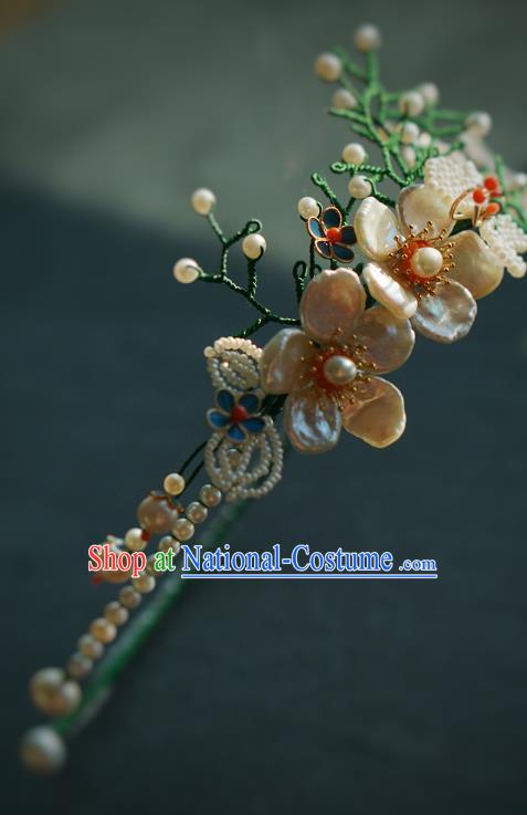 China Qing Dynasty Pearls Hair Stick Traditional Court Hair Jewelry Ancient Empress Shell Plum Hair Clasp