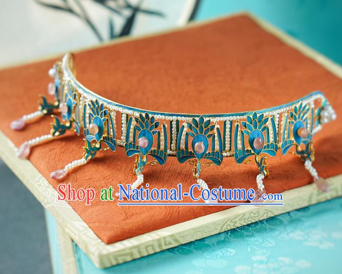 China Ming Dynasty Queen Pearls Tassel Hair Crown Traditional Court Hair Jewelry Ancient Empress Tourmaline Phoenix Coronet