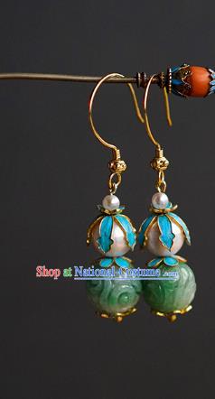 Chinese Qing Dynasty Palace Lady Jadeite Ear Accessories Ancient Empress Pearls Gourd Earrings