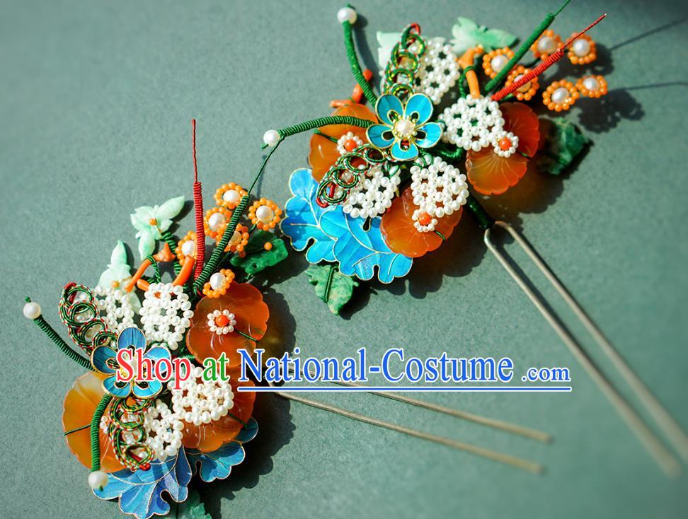 China Qing Dynasty Queen Agate Plum Blossom Hair Stick Traditional Court Hair Jewelry Ancient Empress Pearls Hairpin